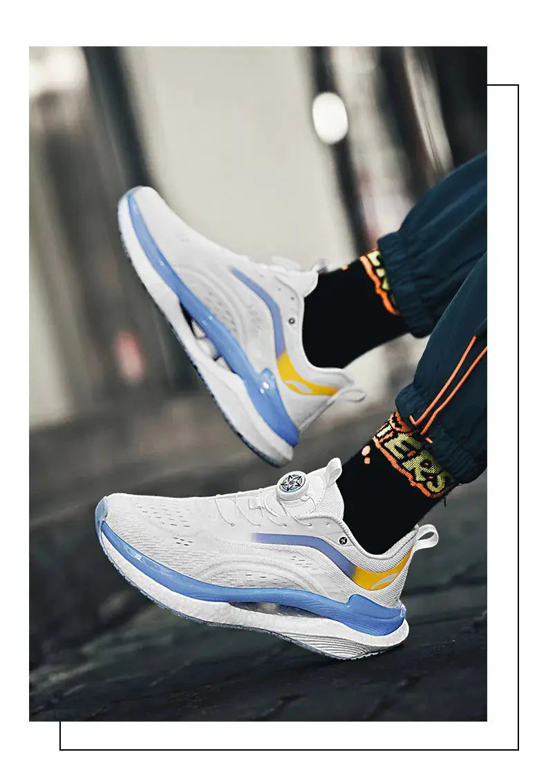Pair of white Simples Market sneakers with blue midsole, breathable mesh upper and yellow accents