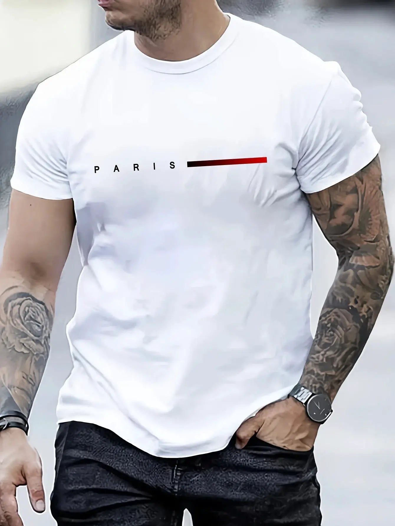 Men's 100 Percent Cotton Summer T Shirt Paris Letter Print Round Neck Short Sleeve Casual Top