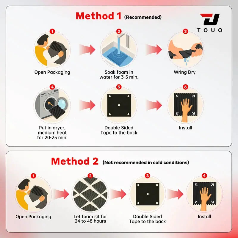 TOUO acoustic foam panels by Simples Market, 6–48 pcs, wall soundproofing with Method 1 recommended; Method 2 shown.