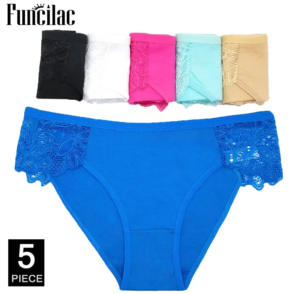 Women's lace-trim cotton bikini underwear, 5-piece set in assorted colors; blue pair shown, Simples Market