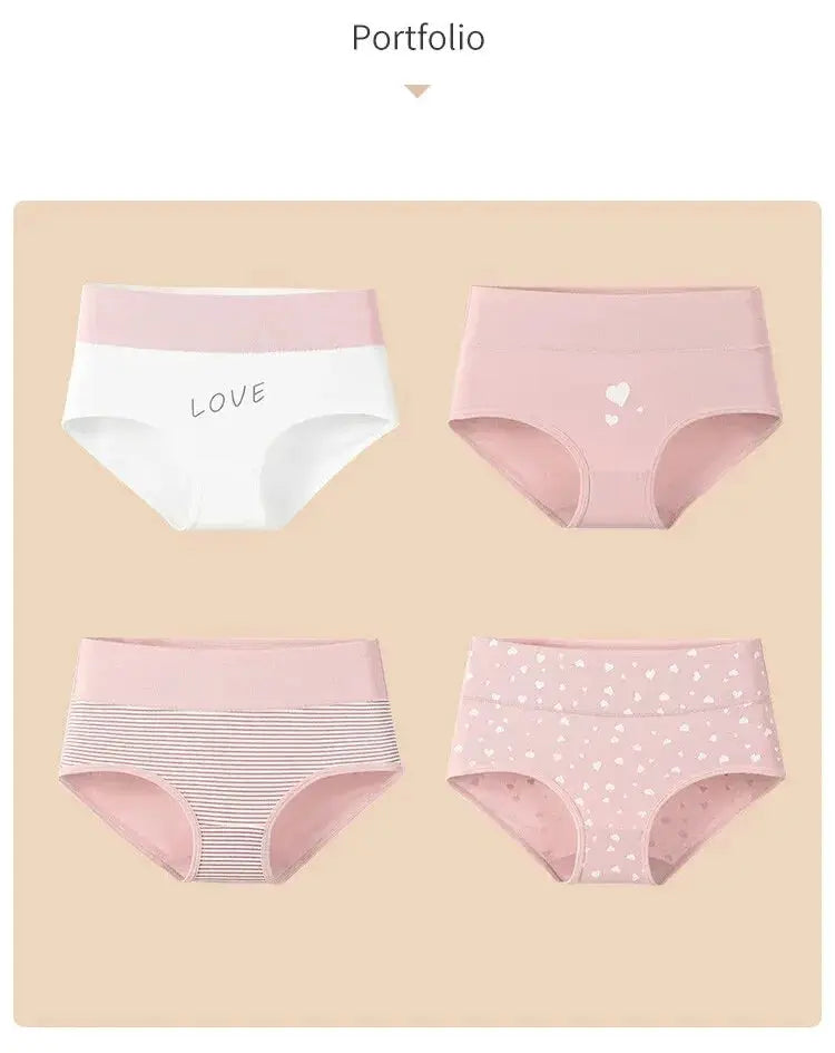 4-pack women's high-waist cotton panties in pastel pink tones with LOVE print, heart patterns, stripes, and hearts.