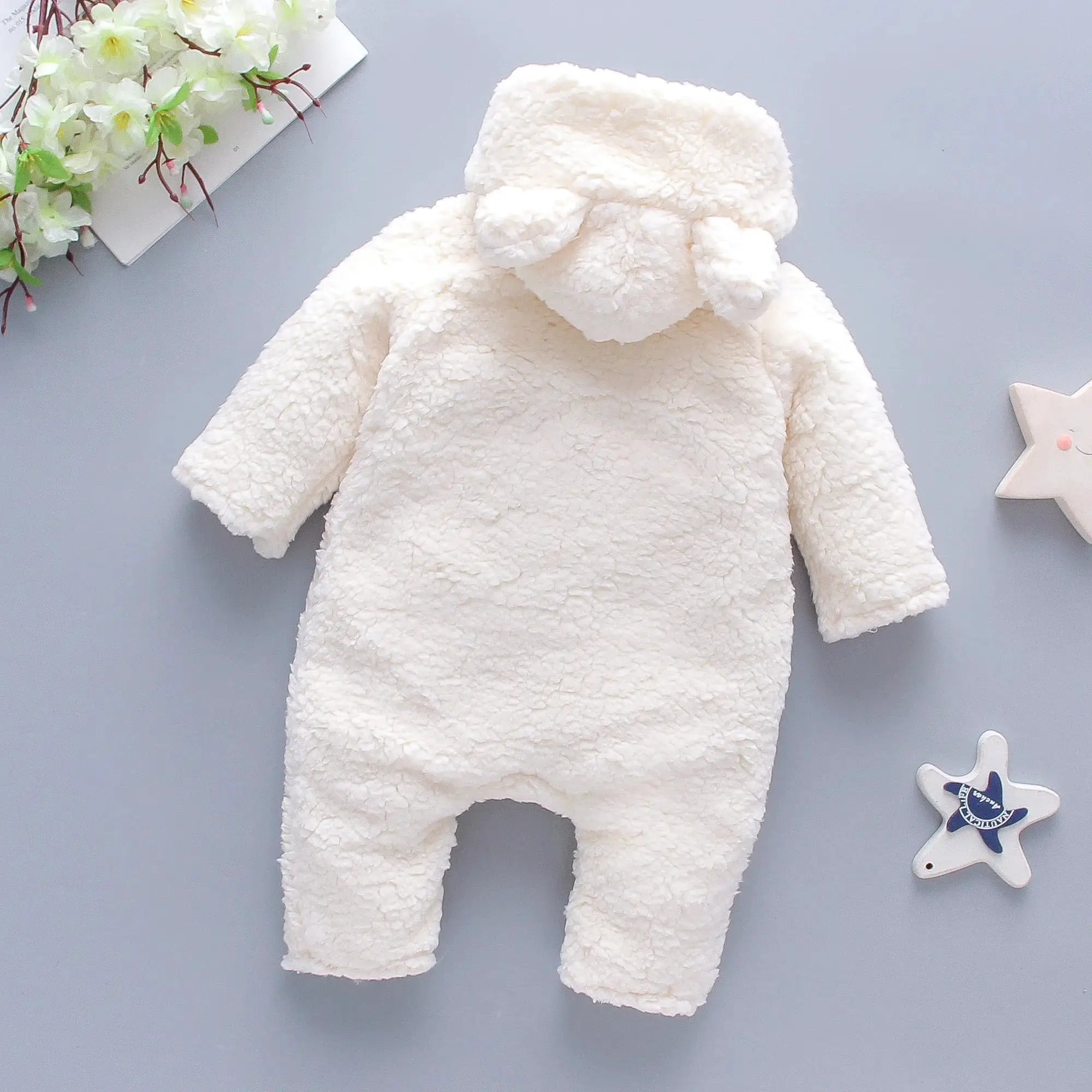 Lamb Hair Baby Jumpsuit With Cartoon Bear Embroidery Hooded Thickened Winter Crawling Suit For Girls 0 To 1 Year