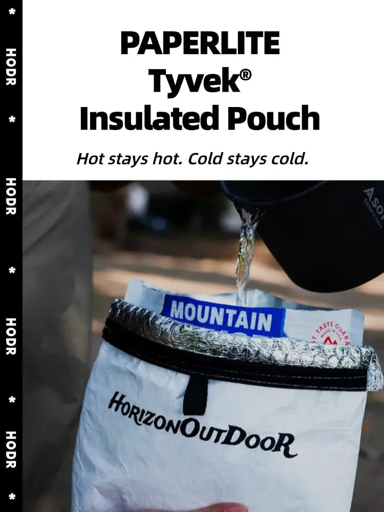 HODR Gear Tyvek insulated food pouch; white ultralight bag with HorizonOutdoor logo and blue MOUNTAIN label