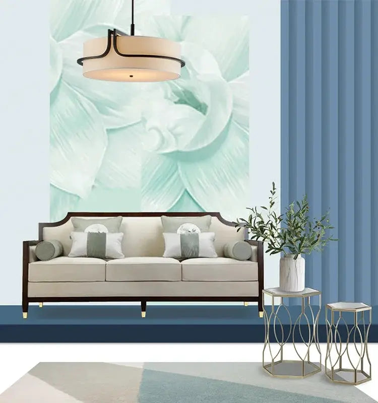 Modern Fabric Art Ceiling Chandelier with cream fabric shade and black metal ring accents