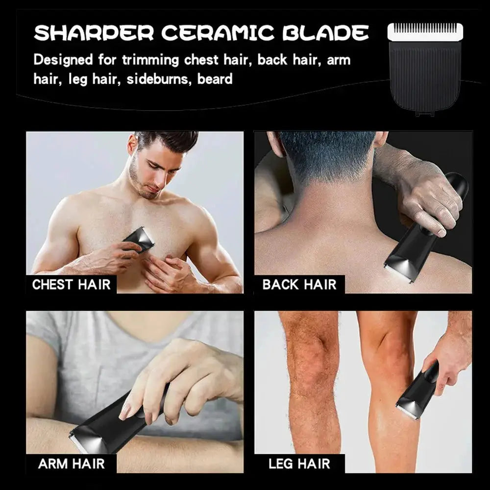 Men's groin body hair trimmer by Simples Market with ceramic blade, includes 2 guard attachments, wet/dry