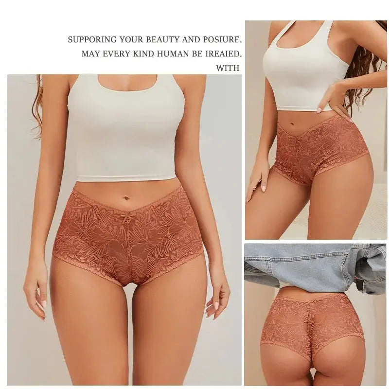 3Pcs women's seamless lace briefs by Simples Market - peach lace, low-rise, breathable underwear set