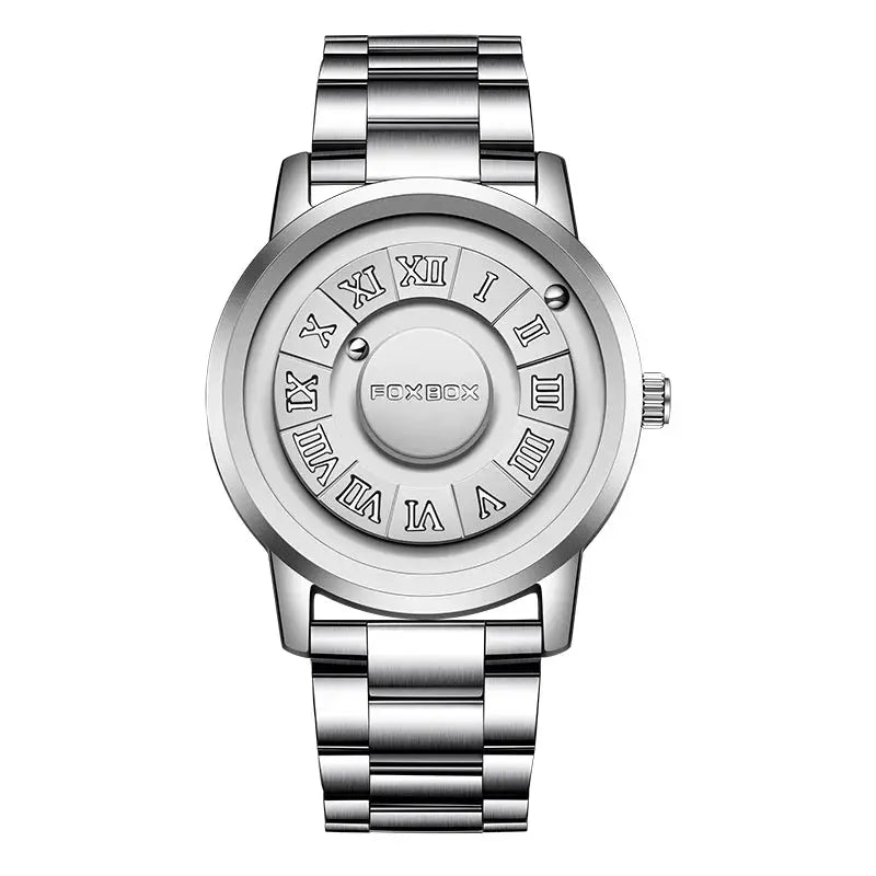 FOXBOX watch by Simples Market; stainless steel bracelet, round silver dial with Roman numerals
