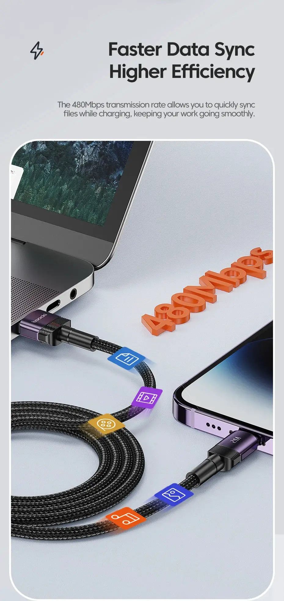 Toocki USB Cable for iPhone by Simples Market, braided black cable with aluminum connectors for fast charging