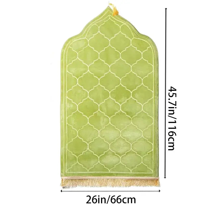 Simples Market thick green prayer rug with tassels, anti-slip, soft flannel, arched top, 66x116 cm