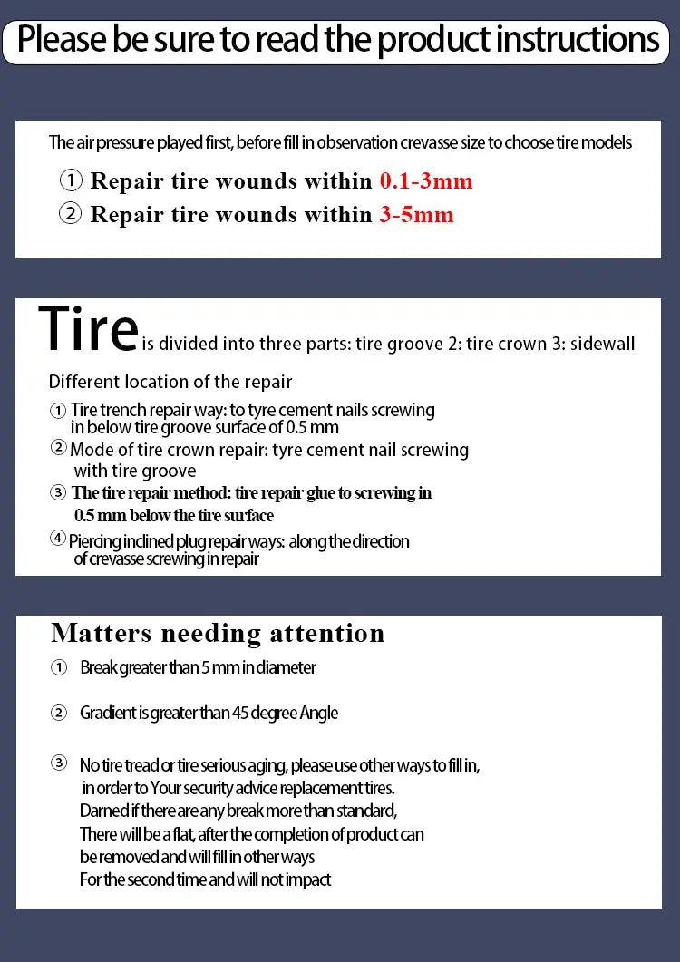 Simples Market car tire repair kit instructions card for tubeless puncture repair (10/20/30pcs)