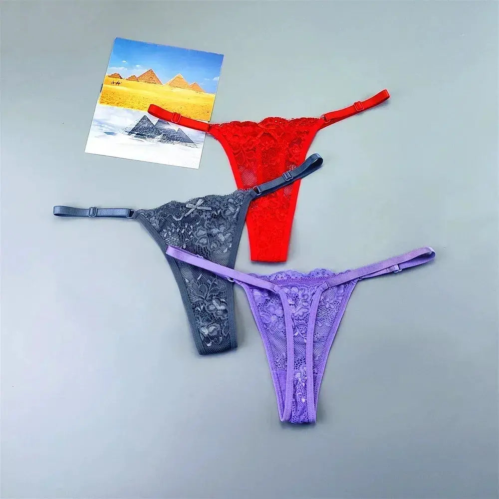 3-piece Simples Market lace thong underwear set in red, gray, and purple with adjustable straps