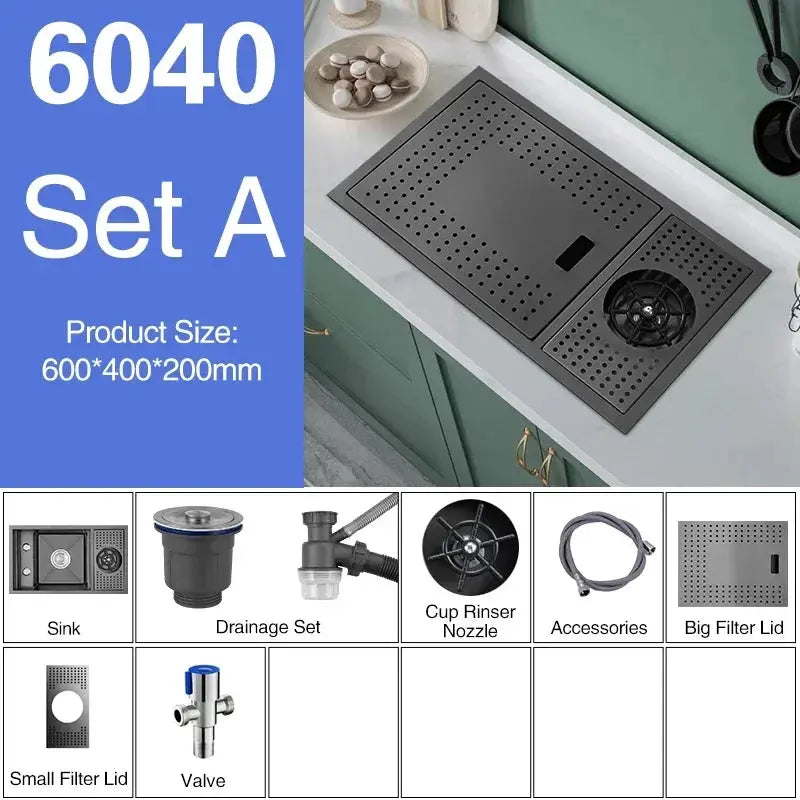 ASRAS Nano Black 7-piece kitchen sink set with concealed single-bowl and lifting faucet, cup rinser nozzle