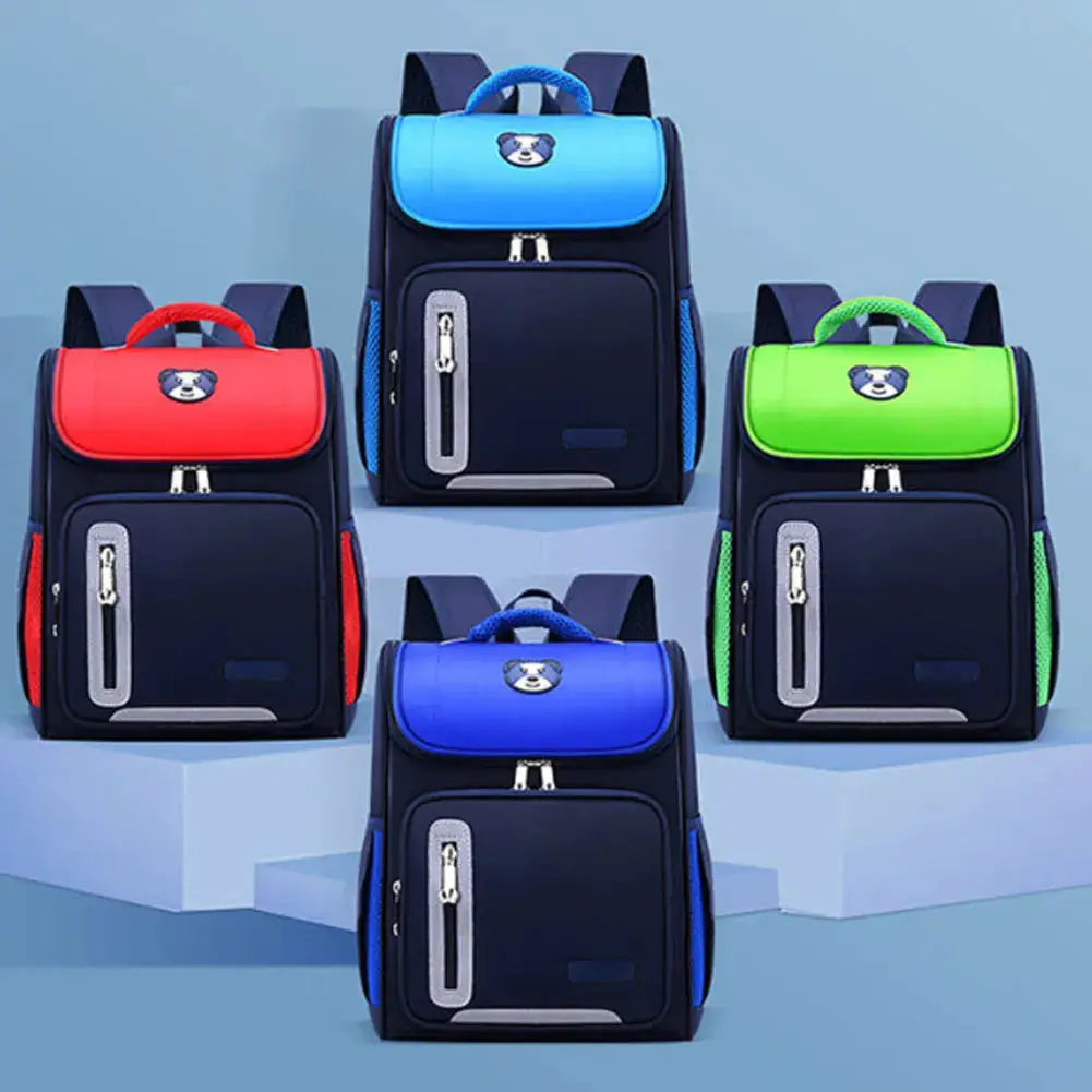 Five Simples Market children's school backpacks with bear logo in blue, red, navy, neon green and reflective accents