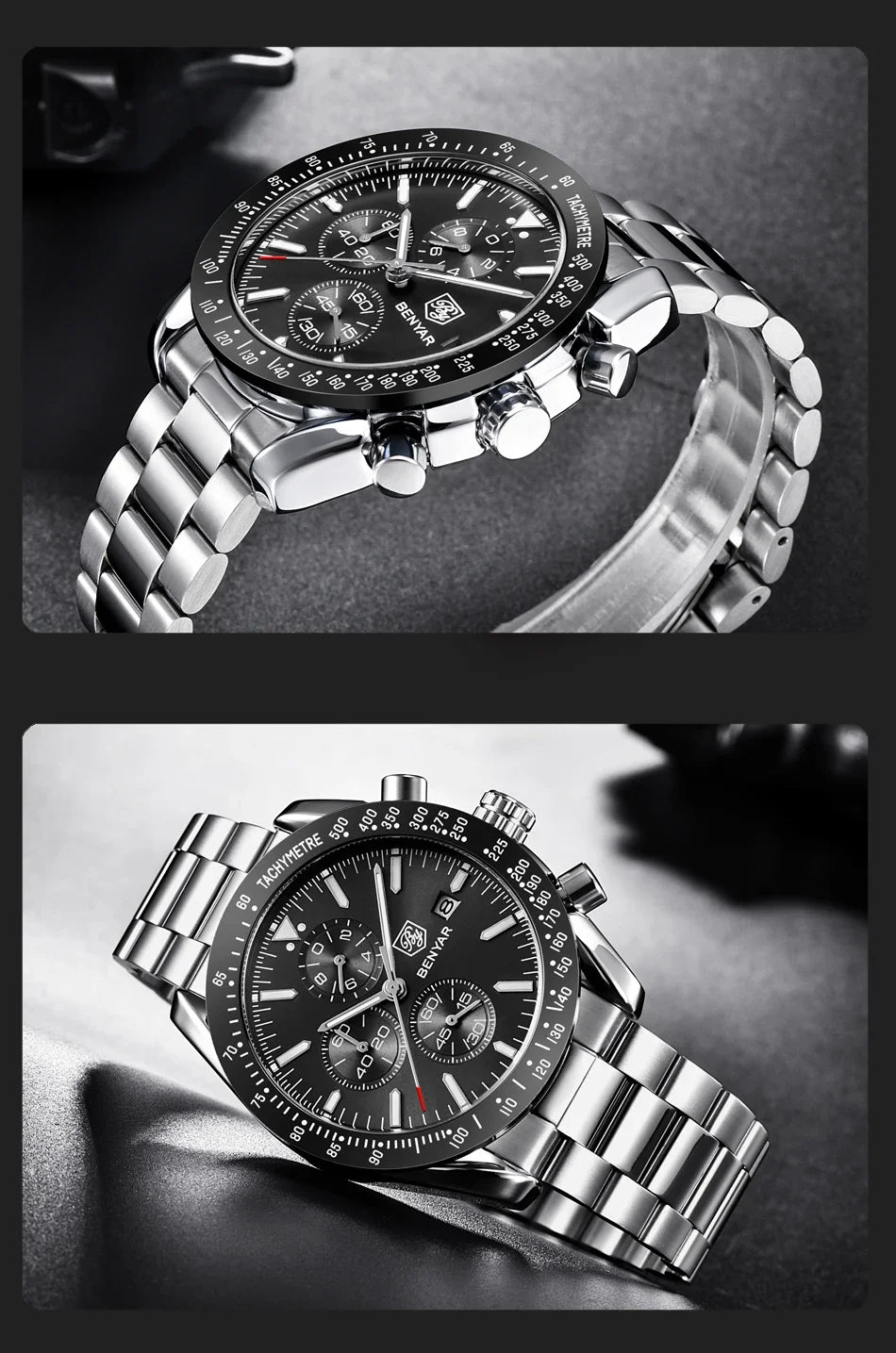 Men's BENYAR stainless steel chronograph watch with black dial and tachymeter bezel