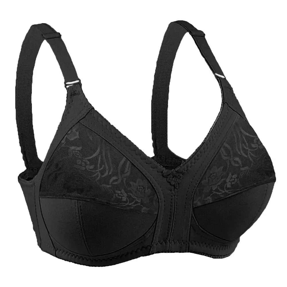 Black plus-size full-coverage bra with floral lace on the upper cups and wide adjustable straps.