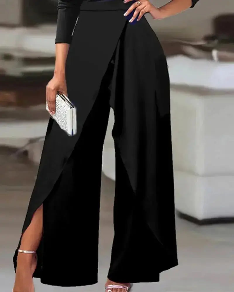 Women's black one-shoulder ruched wide-leg jumpsuit with split hem for elegant office wear