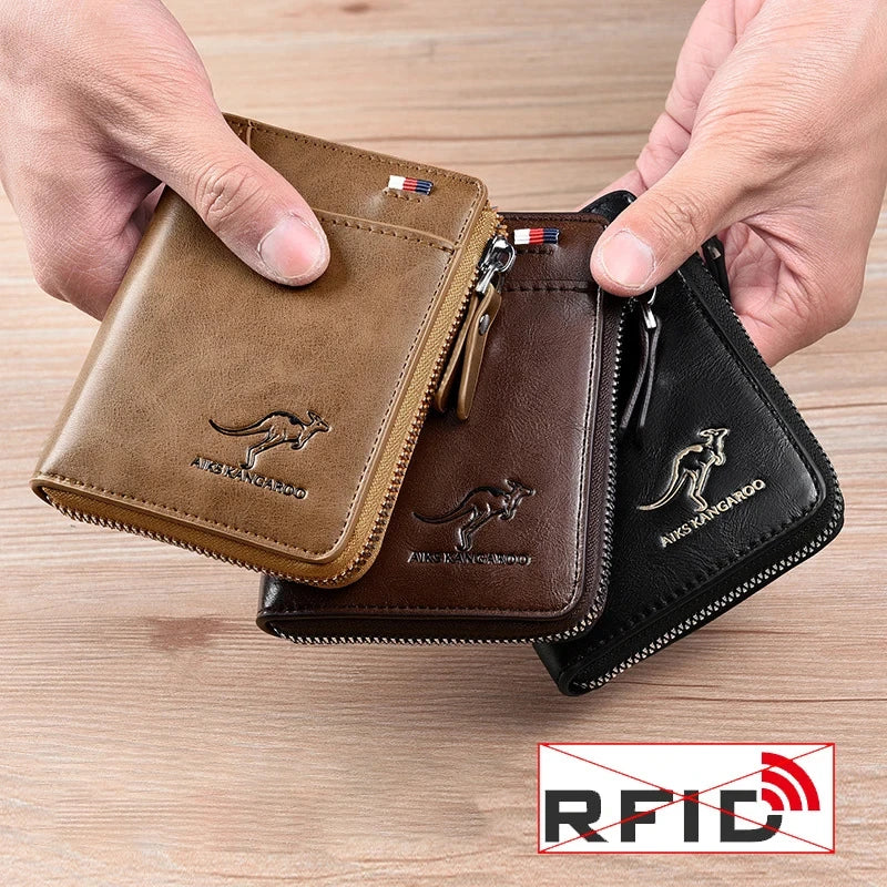 Leather men's wallets set of 3 with zippers; tan, brown, and black, RFID protection, Kangaroo logo