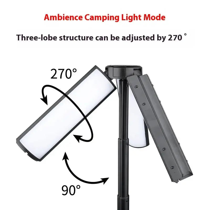 Simples Market rechargeable camping light with foldable floodlight panels on a black tripod, adjustable 270°.