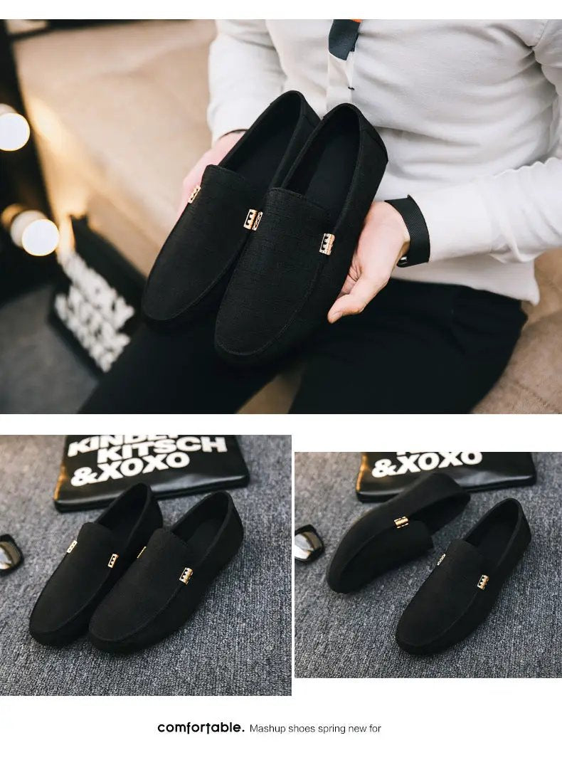 Men's black canvas slip-on loafers with gold metal hardware