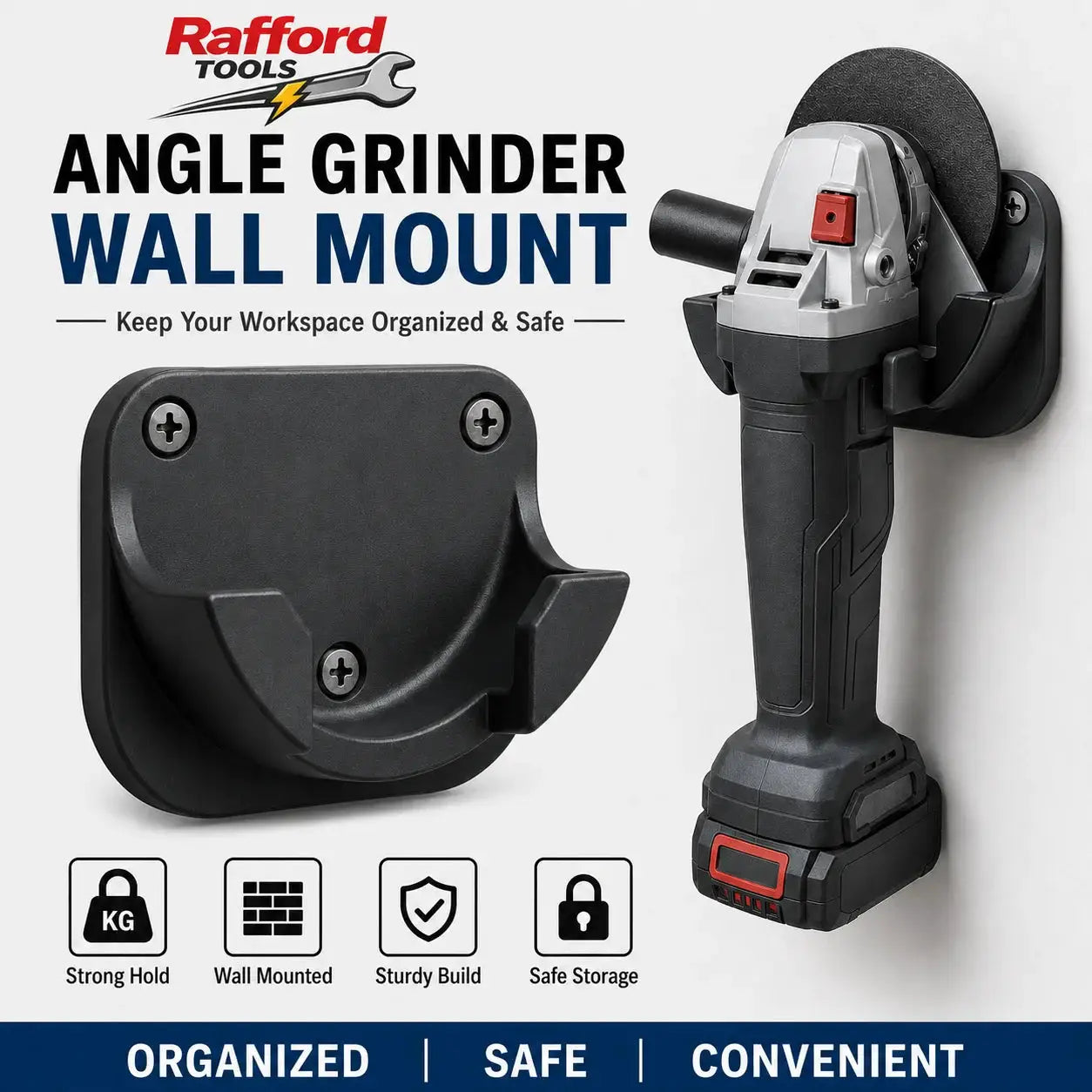 Rafford angle grinder wall mount holder, heavy-duty black wall-mounted storage bracket with grinder
