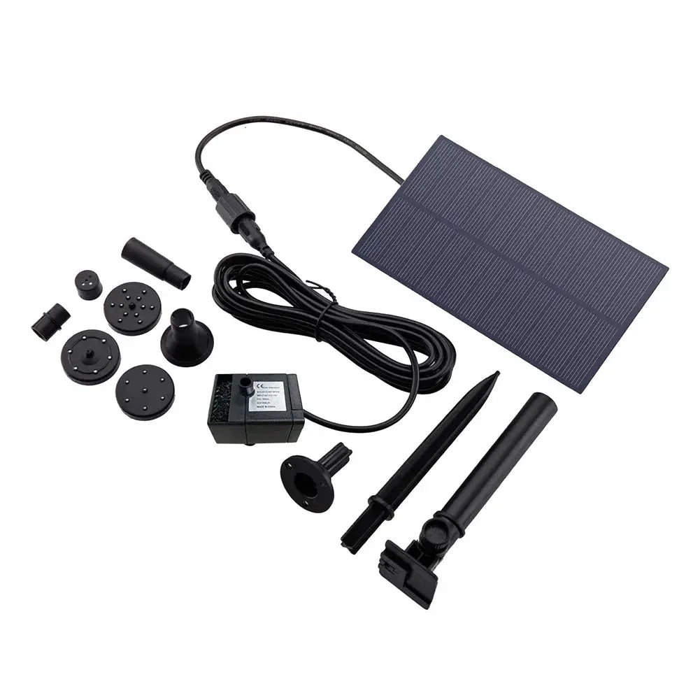 5W 5V solar fountain kit with panel and black pump parts for ponds and fish tanks; includes multiple nozzle discs.