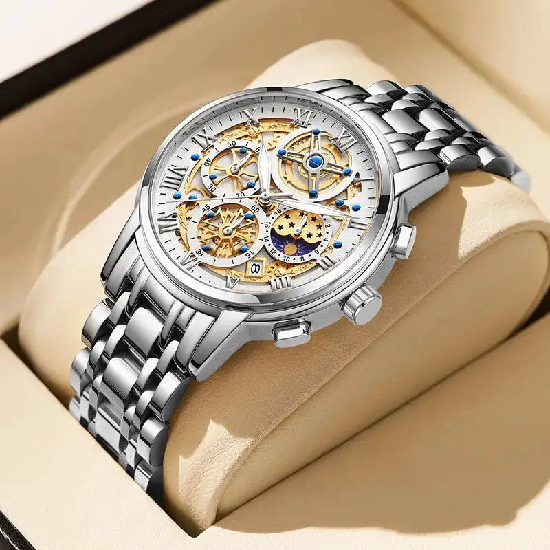 LIGE men's stainless steel skeleton chronograph watch with gold gears