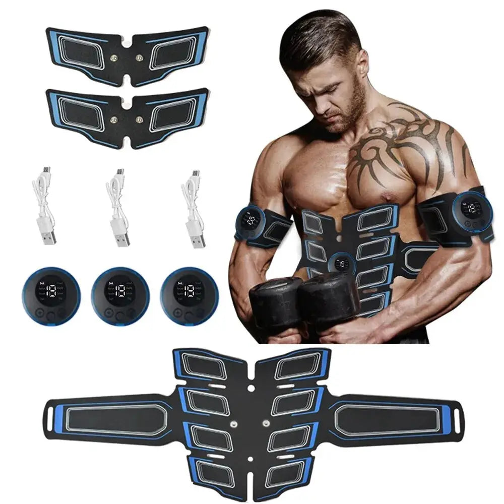USB rechargeable abdominal trainer kit with blue-black waist belt, electrode pads, USB cables, and control units