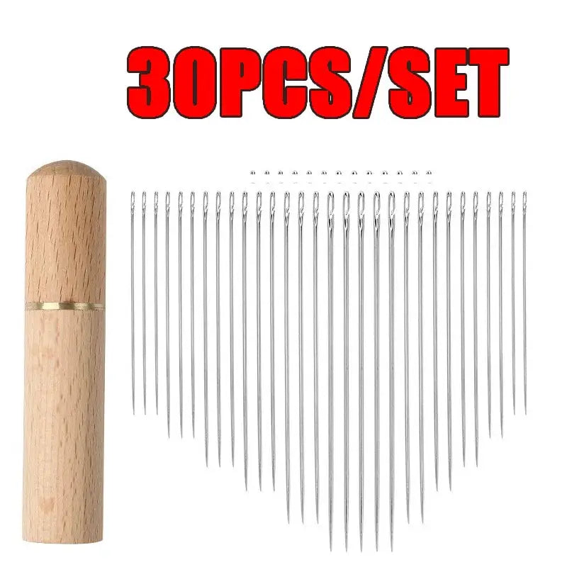 Simples Market 30pc self-threading needle set; stainless steel pins with wooden punch-needle threader