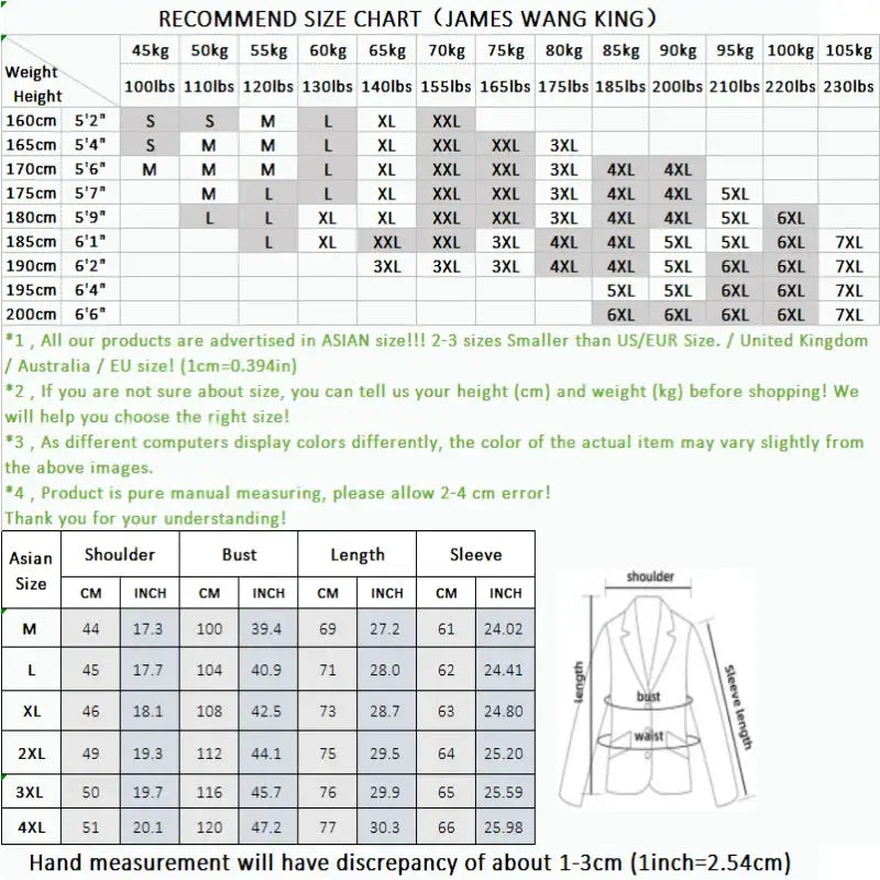 Men's down jacket size chart by Simples Market with Asian sizing and jacket measurement diagram