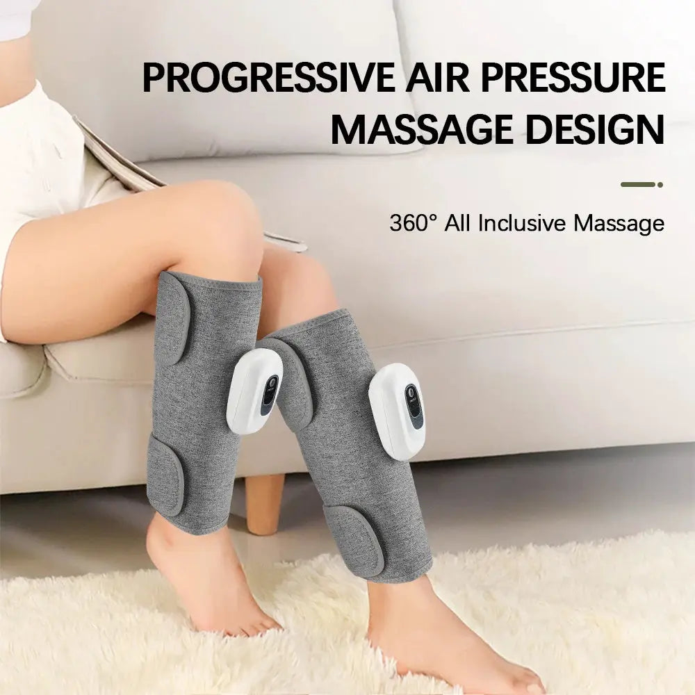Calf massager pair with wireless controllers; gray fabric sleeves, 360° air-pressure compression, 3 modes