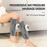 Calf massager pair with wireless controllers; gray fabric sleeves, 360° air-pressure compression, 3 modes