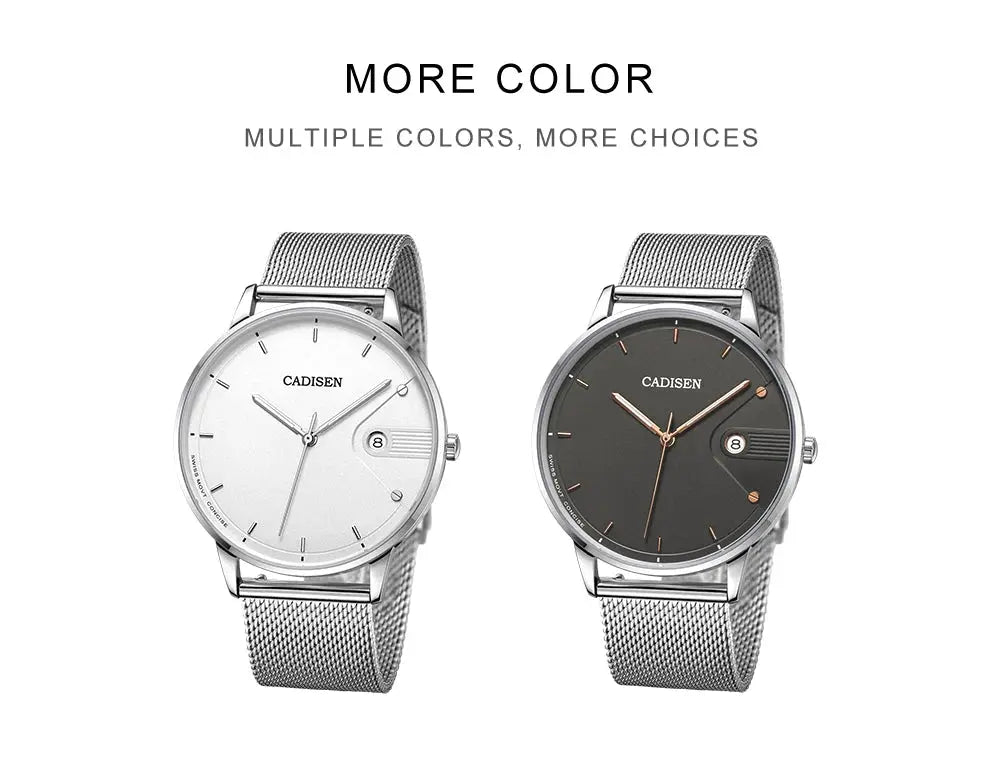 CADISEN men's quartz watches with Milano mesh strap; two stainless steel timepieces, white dial and dark gray dial.