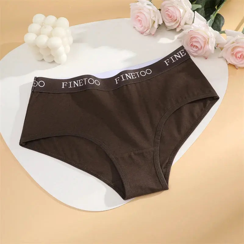 Finetoo brown cotton women's briefs with a black branded waistband; breathable, soft underwear