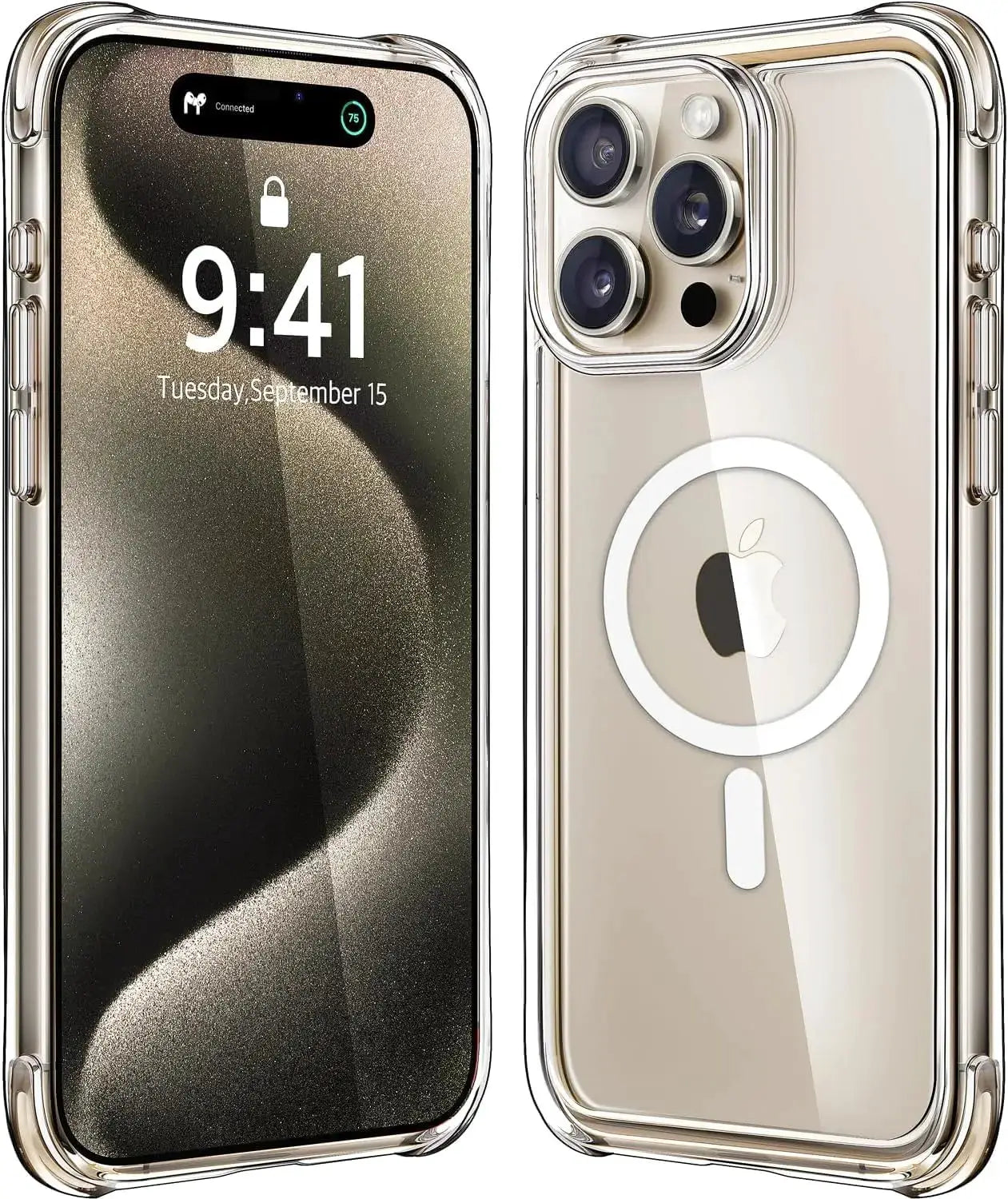 Simples Market transparent MagSafe case for iPhone 17–14 series; clear protective shell shown in dual views