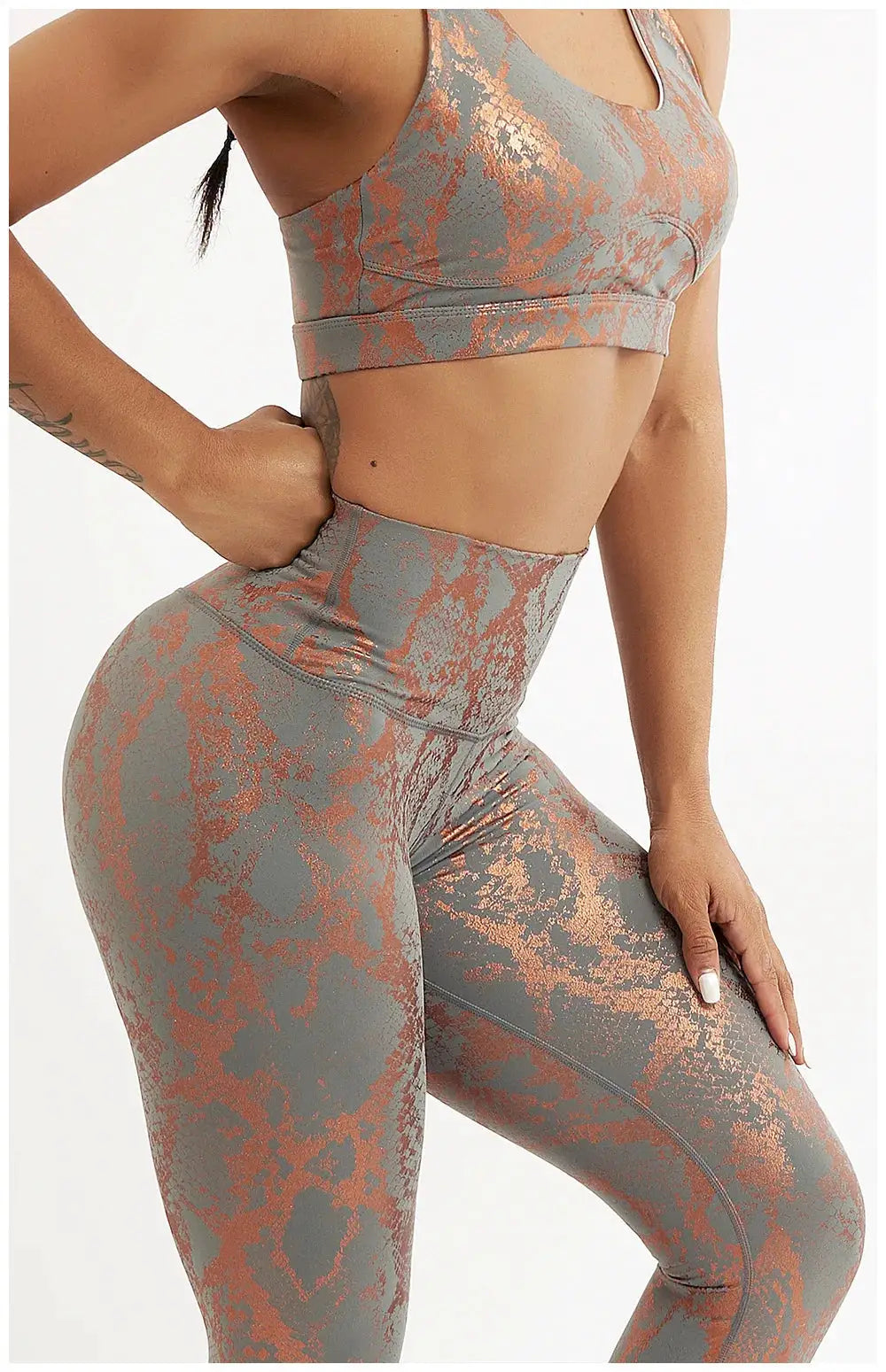 Snake Print Yoga Pants; high-waist gray leggings with copper metallic pattern