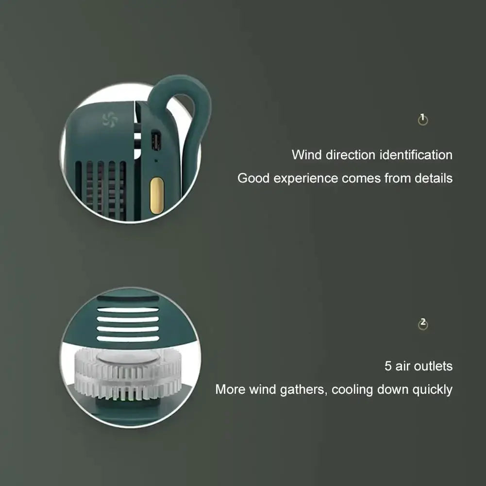 Portable Clip-On Mini Bladeless Fan in teal by Simples Market; 3-speed waist/shirt fan for outdoor cooling.