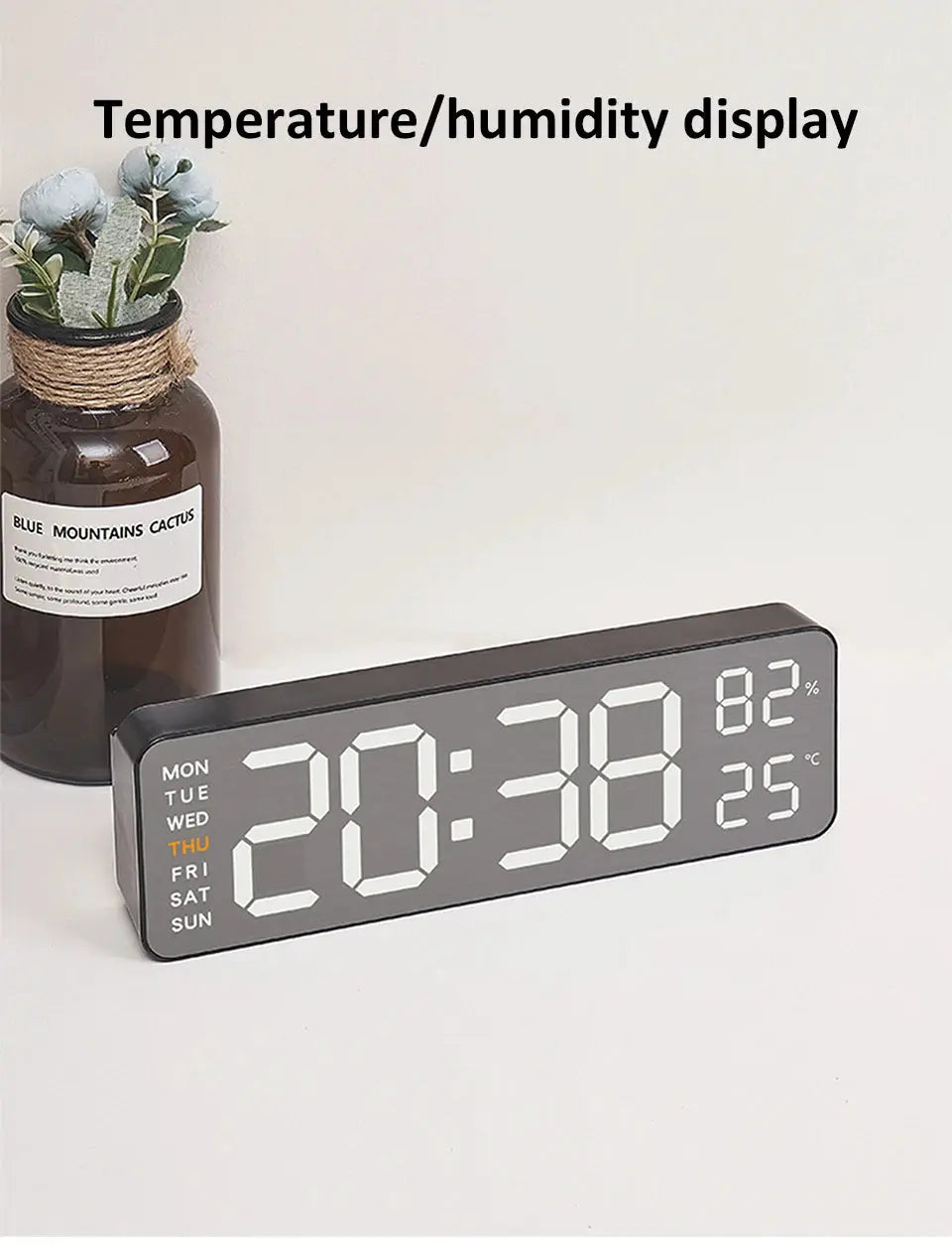 Simples Market mirror-brushed finish digital wall clock with large LED time display and temp/humidity readout