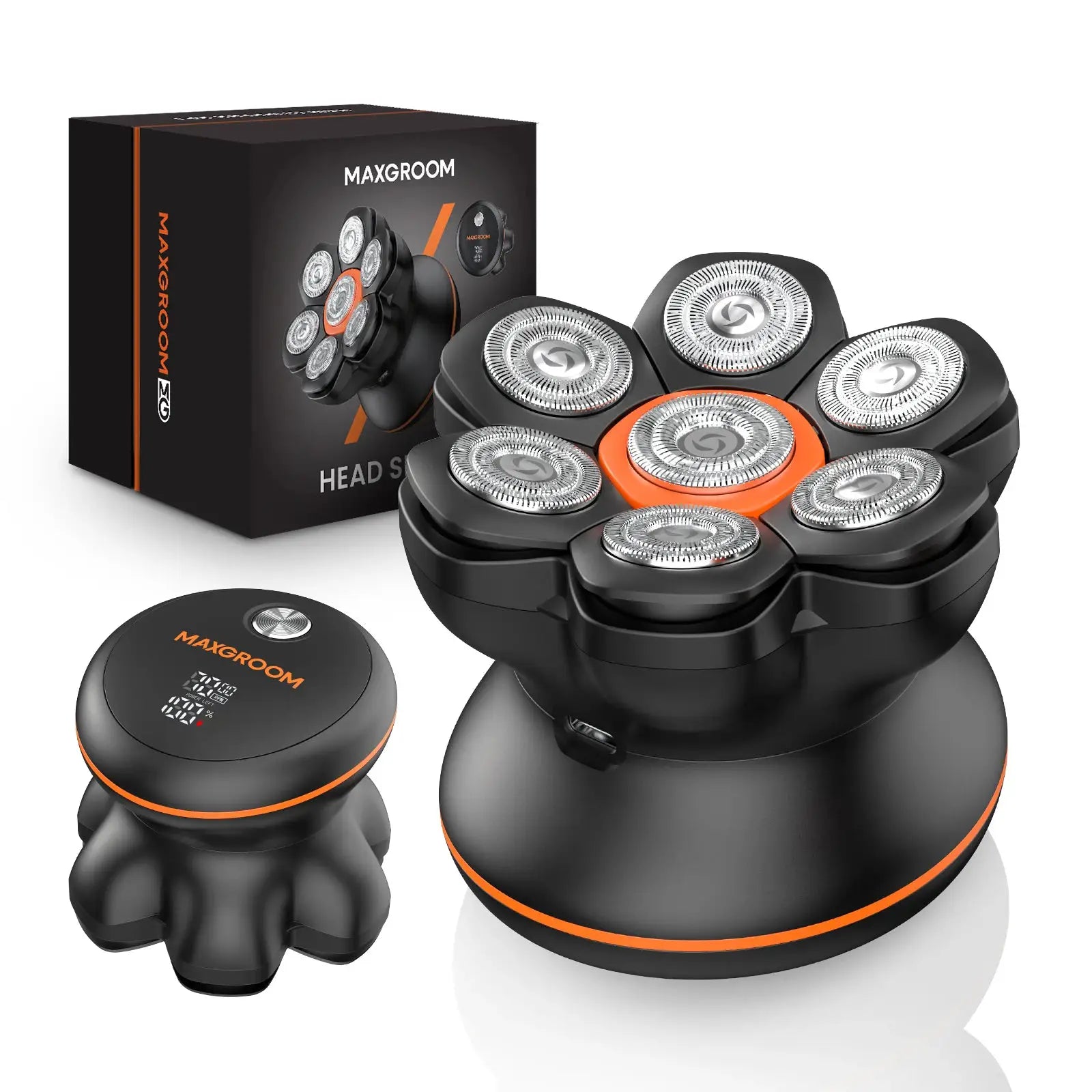 MAXGROOM 7D head shaver for bald men, black with orange trim and seven rotary blades