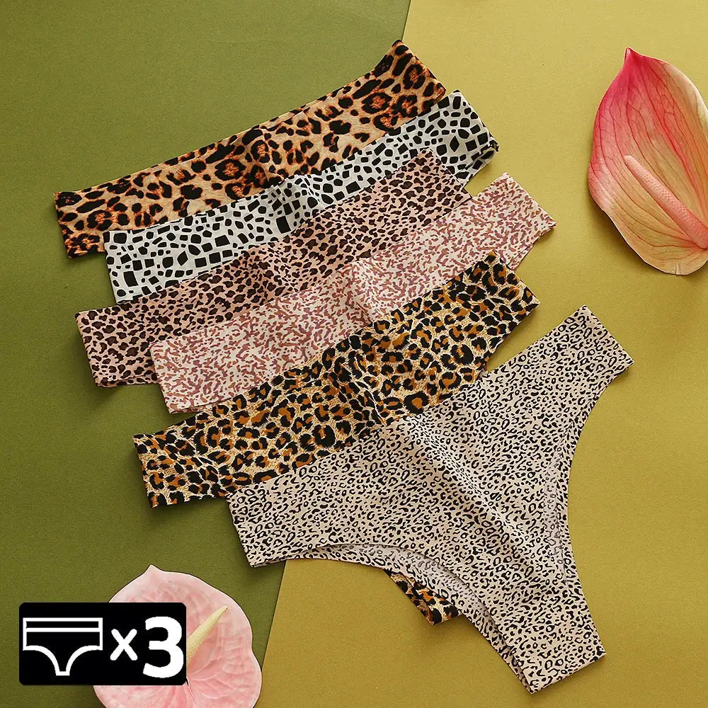 Leopard-print thong set, 3-pack, seamless ice-silk underwear for women