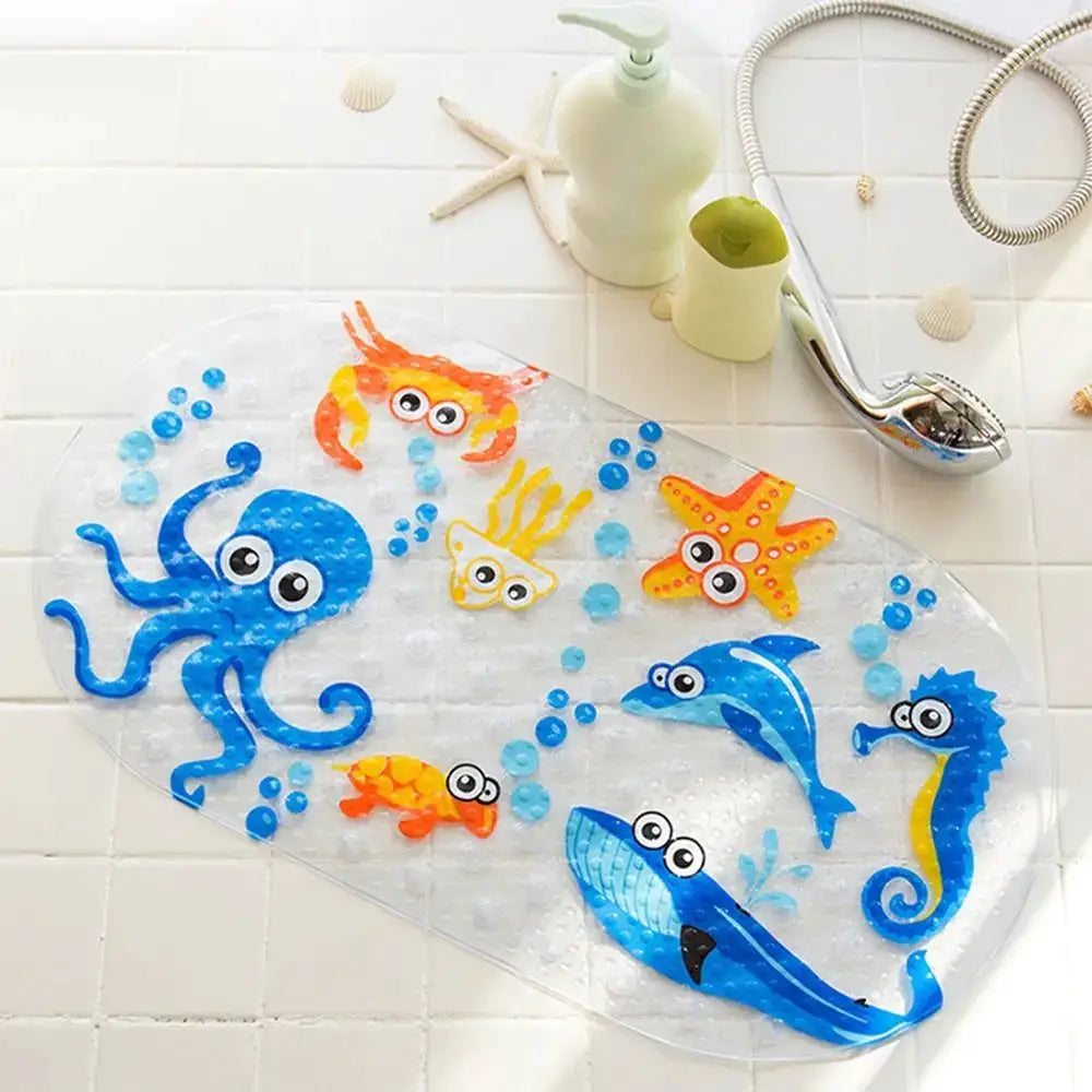 Soft cartoon PVC kids bath mat; clear with anti-slip suction cups and colorful sea creatures, ideal for kids bath time.