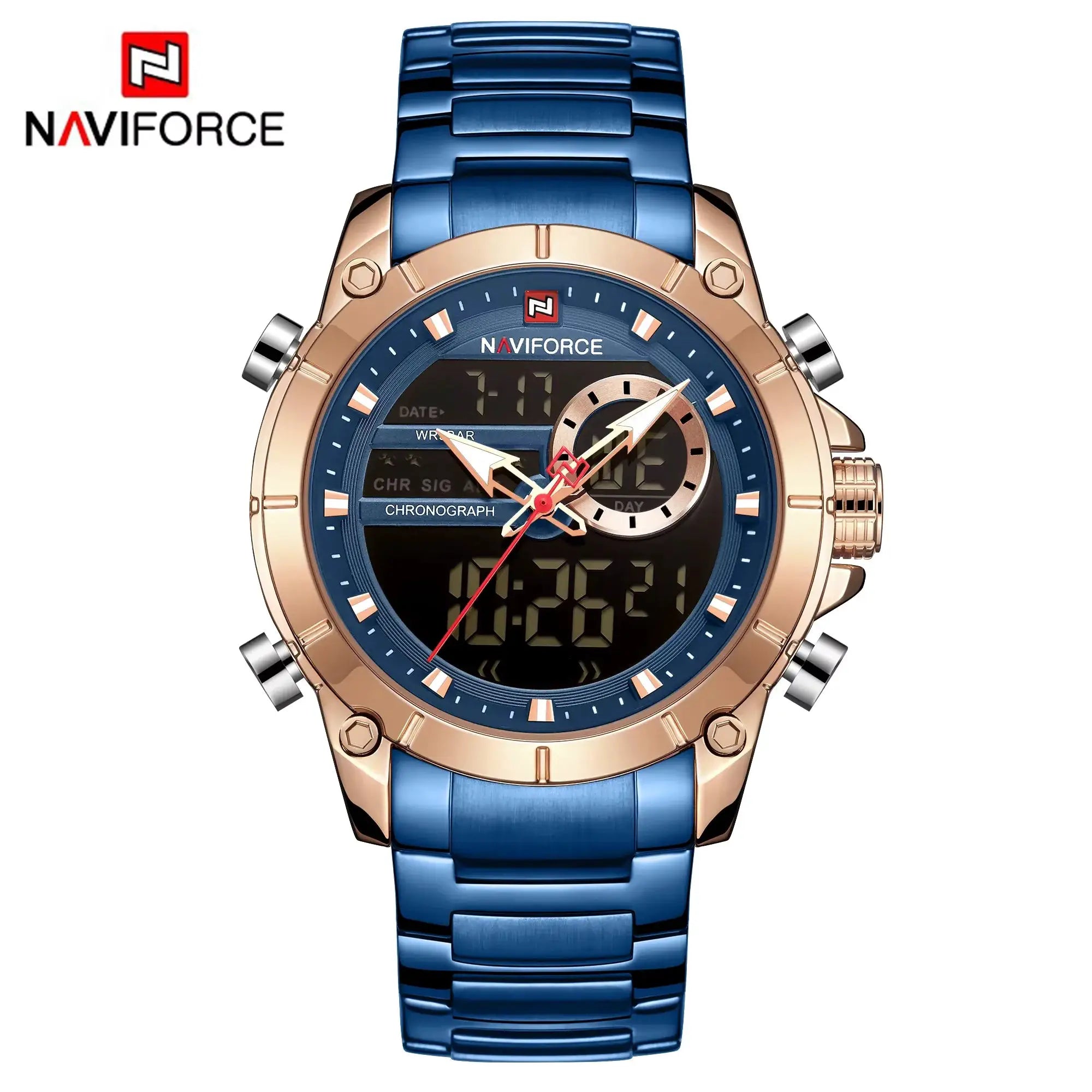 Naviforce 9163 Luxury Sport Mens Wristwatch With Dual Analog Digital Display Stainless Steel Water Resistant