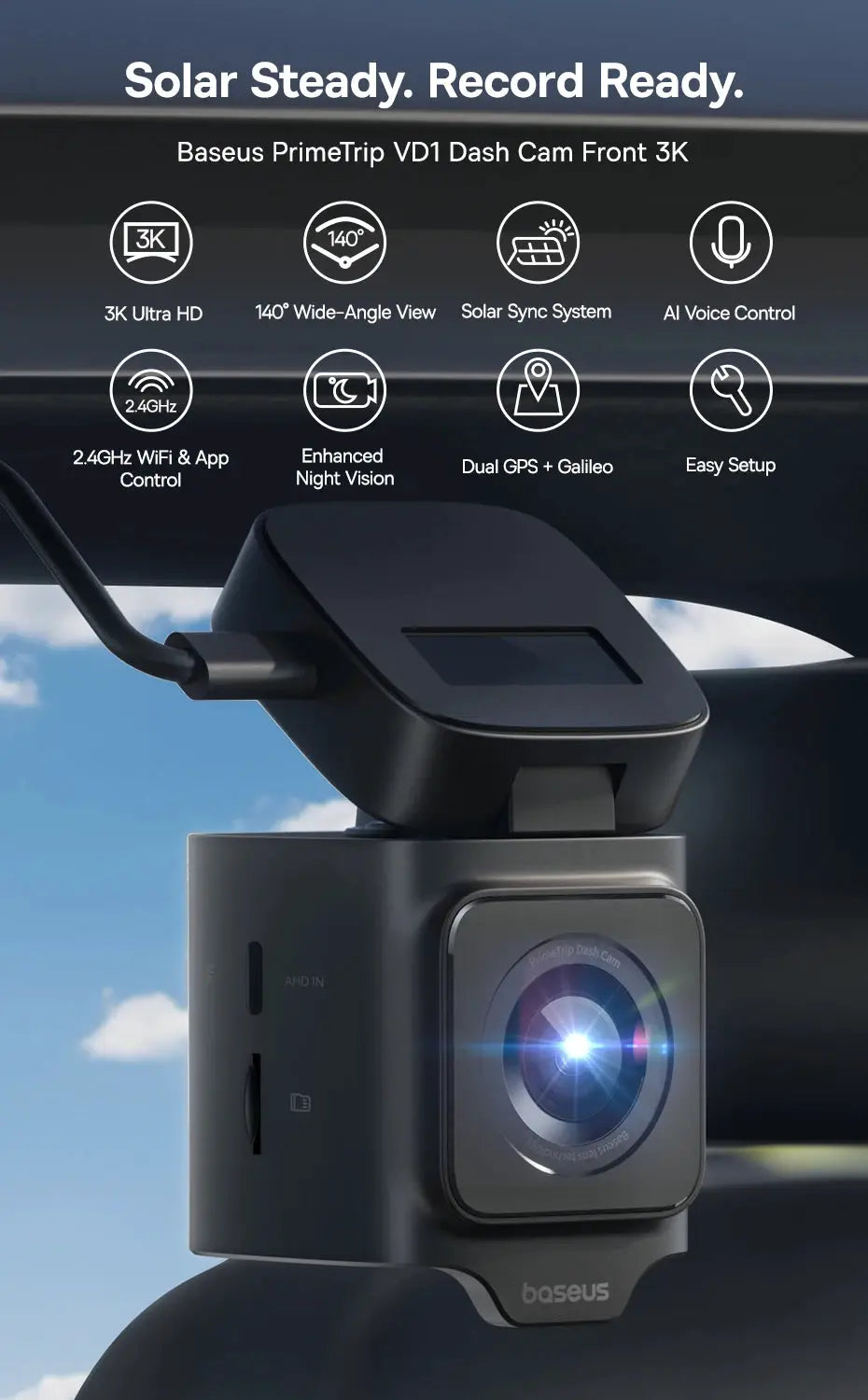 Baseus 3K VD1 dash cam with front and rear cameras, built-in GPS