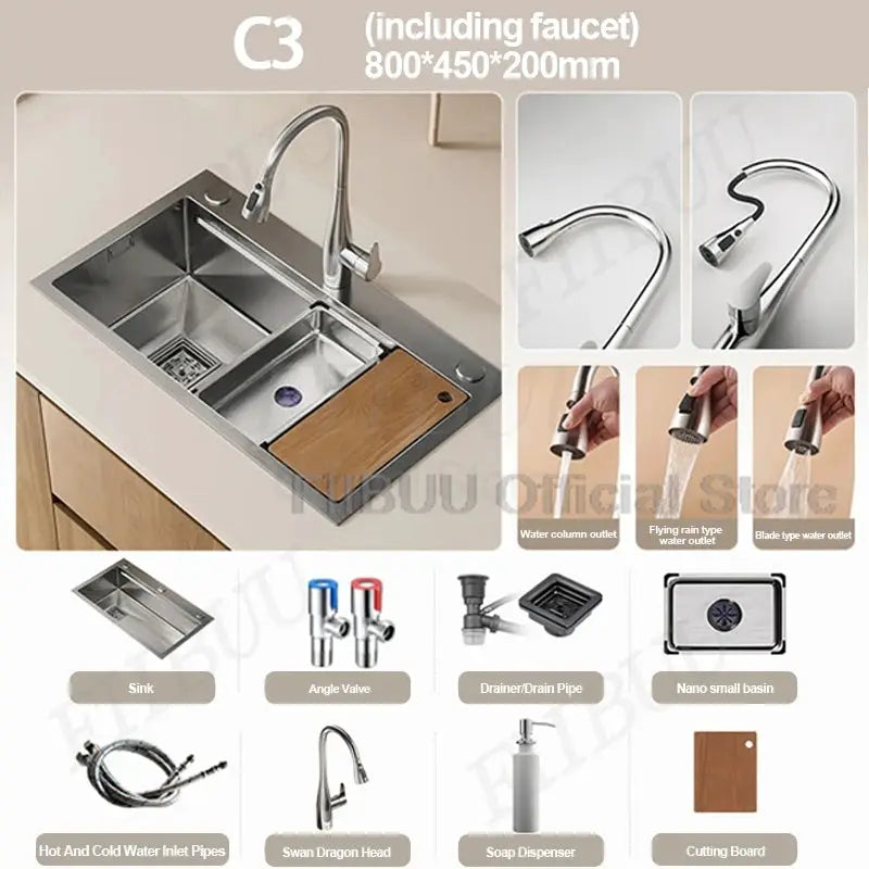 Simples Market 304 stainless steel kitchen sink, large single bowl with faucet, undercounter/topmount 800*450*200mm