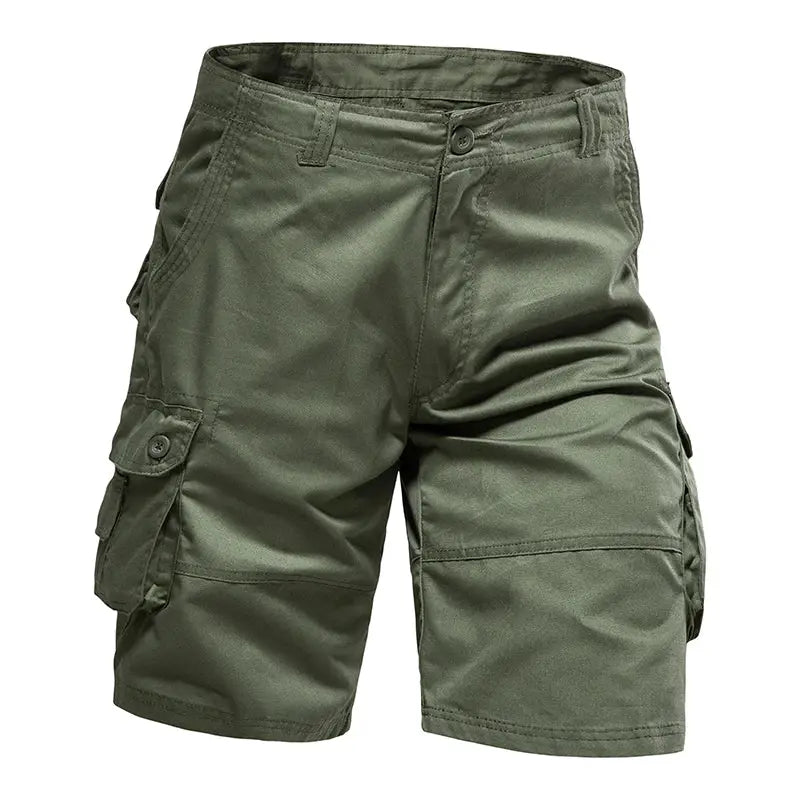 Men's olive green cotton cargo shorts with multiple pockets, loose fit for outdoor casual wear