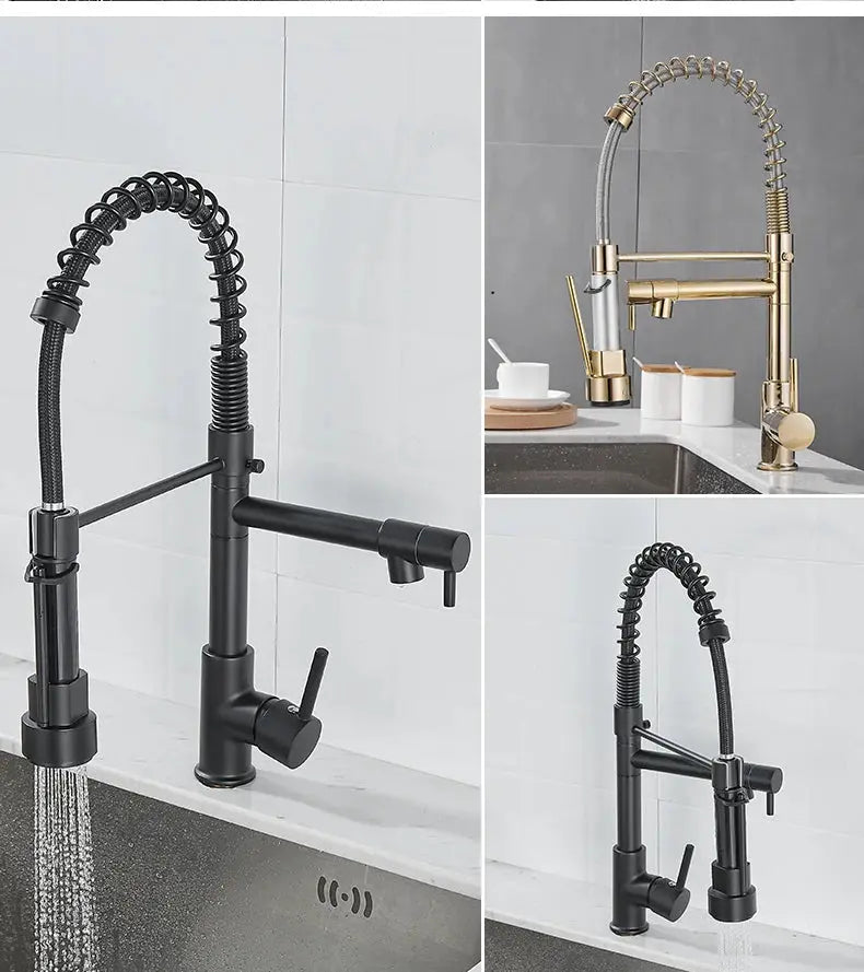 Kitchen faucet with pull-down sprayer, high-arc, single-handle spring design; black and gold finishes, Simples Market, 3