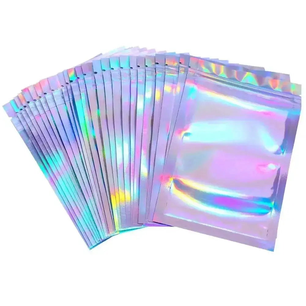 100 Pcs Holographic Bags Rainbow Pattern Self Sealing Candy Bags Front Window Sample Bag For Jewelry Gift Packaging