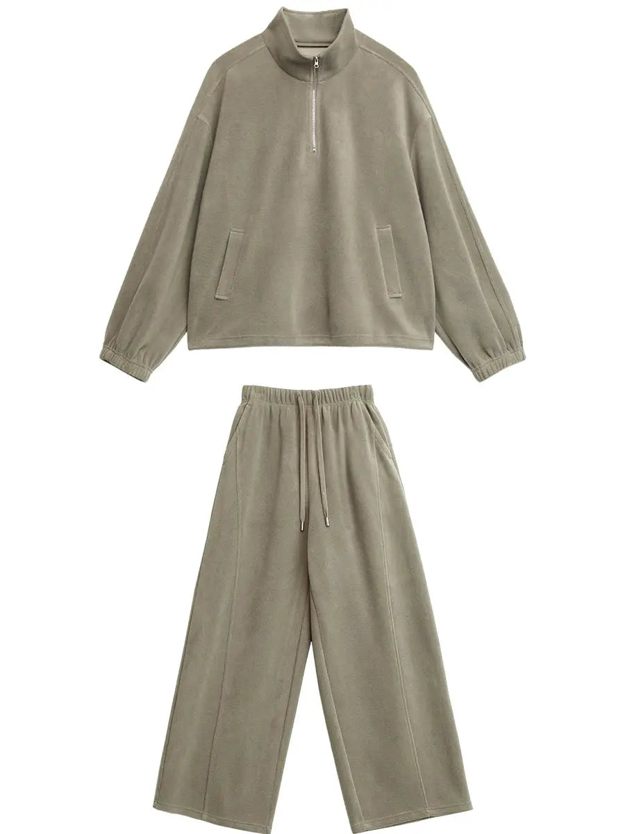CHIC VEN Women's Velvet Sweatsuit Set Stand Collar Top Wide Leg Pants