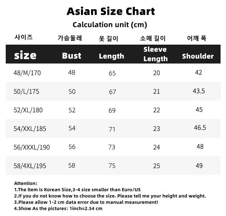 Men's polo shirt size chart with bust, length, sleeve and shoulder measurements (Asian sizes 48/M to 58/4XL).