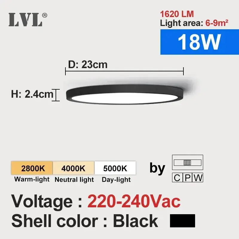 LVL LED round ceiling light, black flush mount; 23 cm dia, 2.4 cm height, 18W, 220–240V, 2800K–5000K by Simples Market