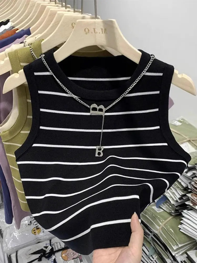 AOSSVIAO 2026 Summer Knit Vest For Women Striped Slim Fit Sleeveless Waistcoat With Turtleneck Collar